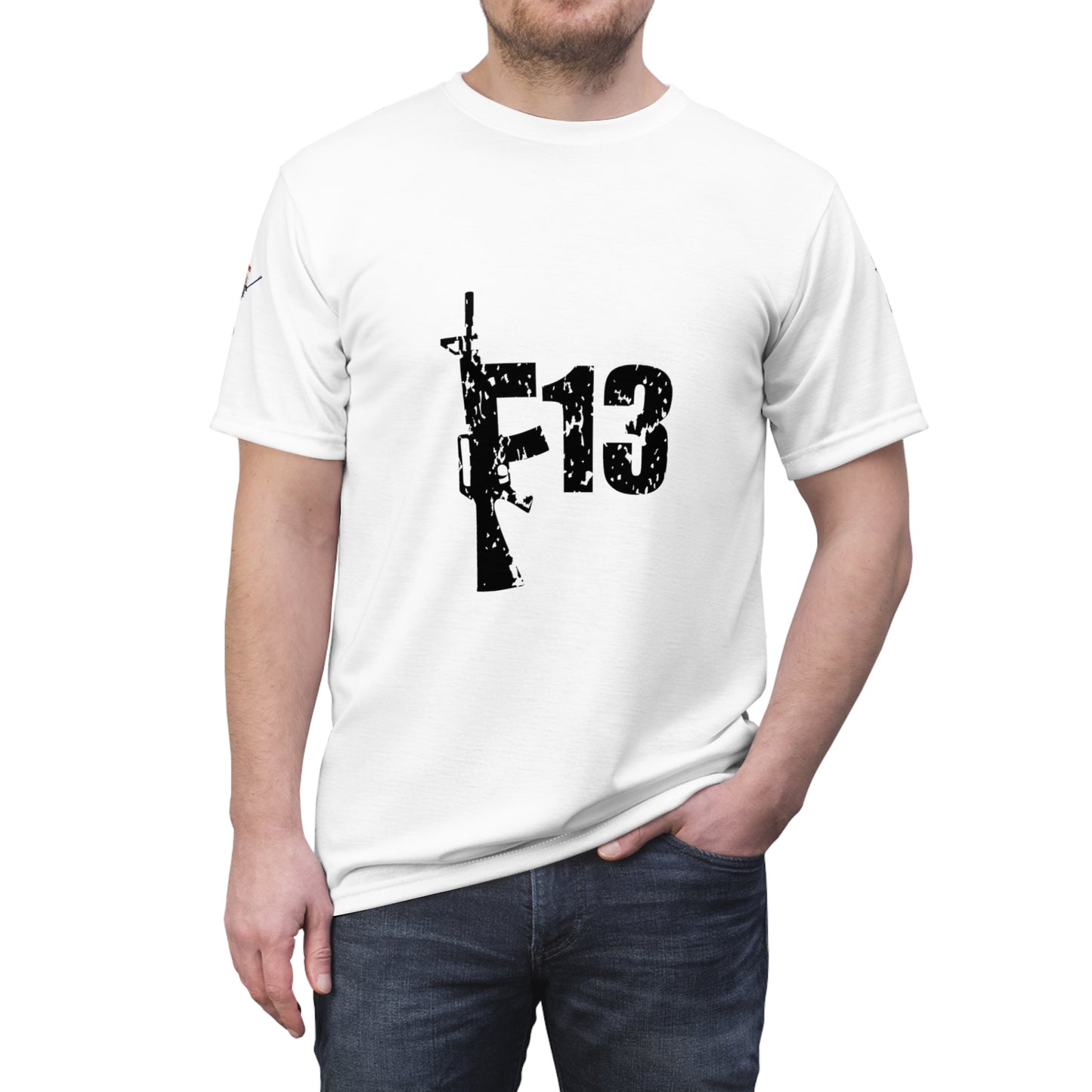 Unisex Cut & Sew Tee (AOP) F13 w flag and rifles on white
