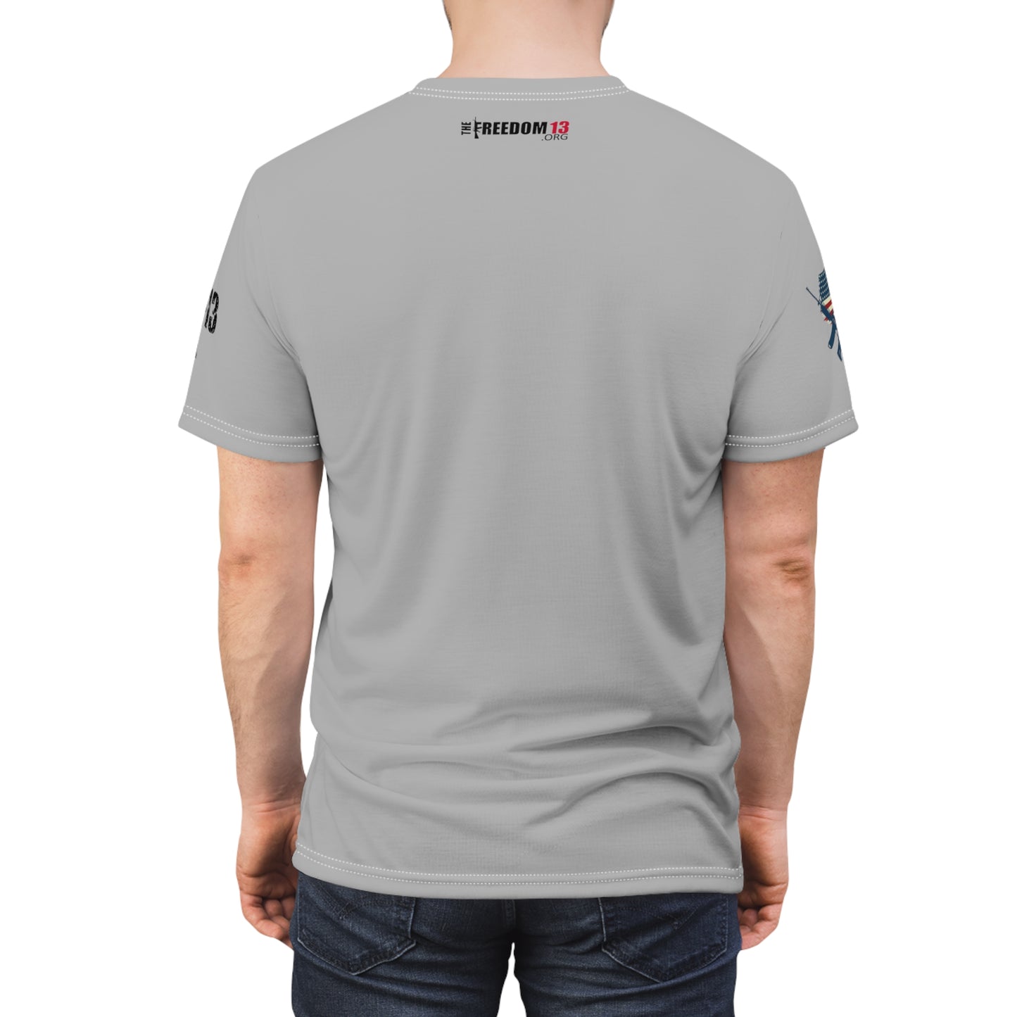 Unisex Cut & Sew Tee (AOP) F13 w flag and rifles on grey