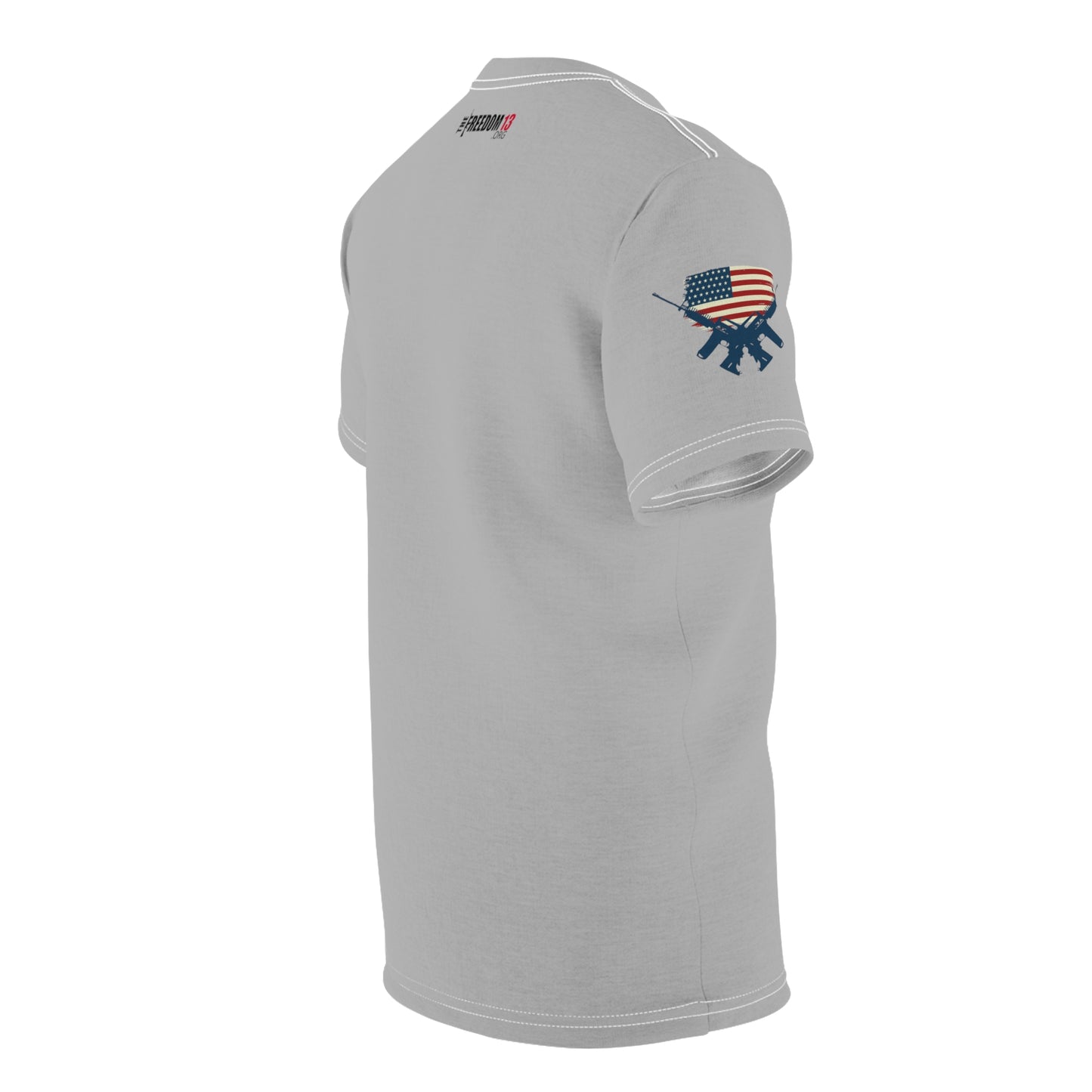 Unisex Cut & Sew Tee (AOP) F13 w flag and rifles on grey