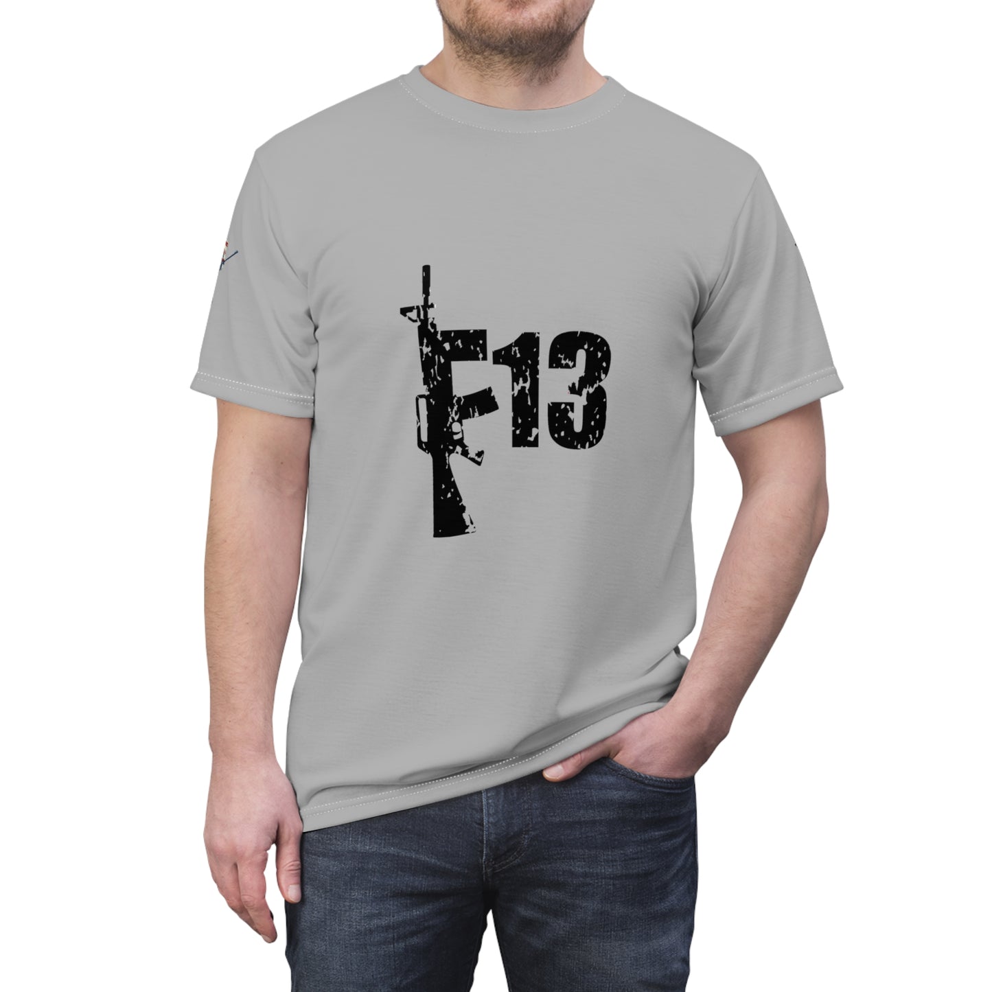 Unisex Cut & Sew Tee (AOP) F13 w flag and rifles on grey