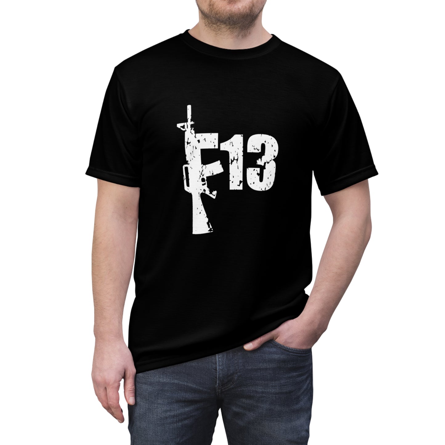 Unisex Cut & Sew Tee (AOP) F13 w flag and rifles on black