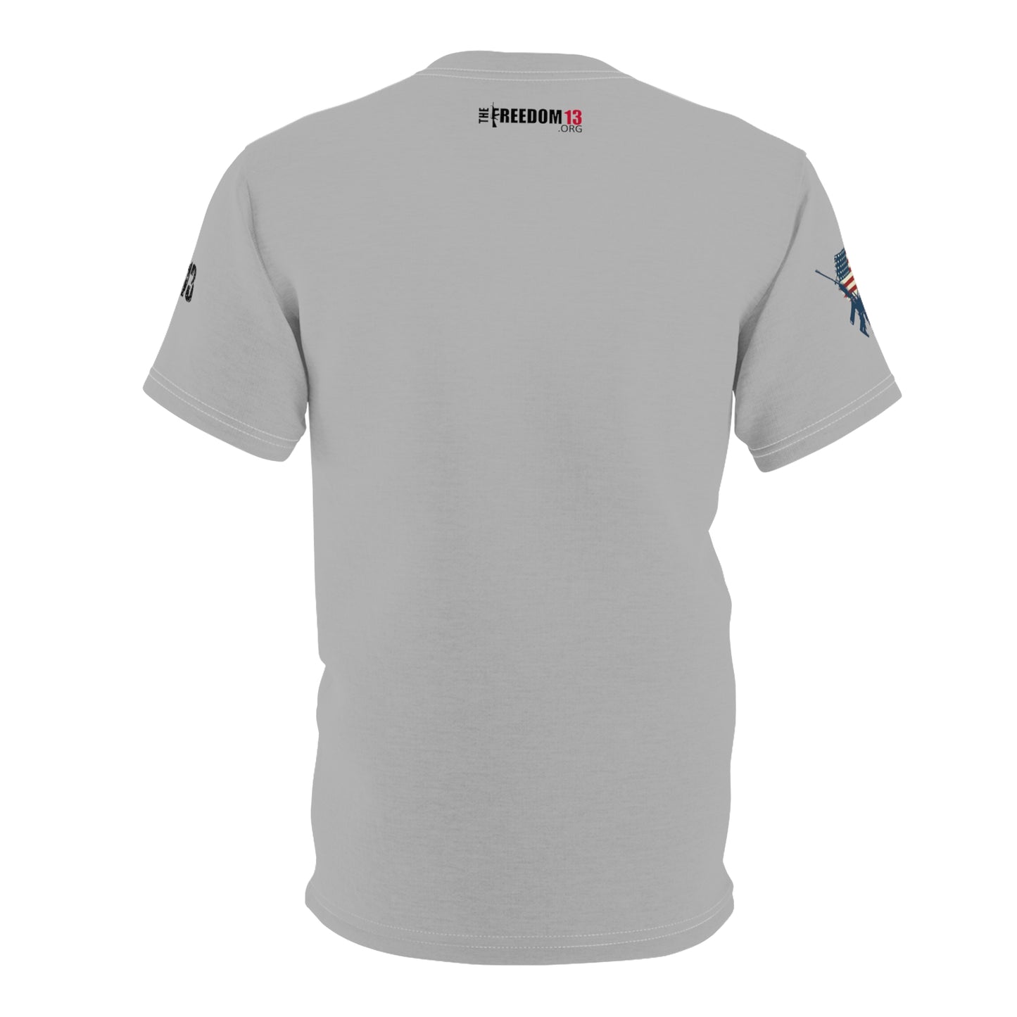 Unisex Cut & Sew Tee (AOP) F13 w flag and rifles on grey