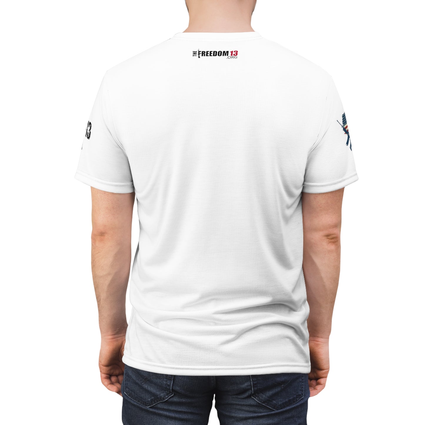 Unisex Cut & Sew Tee (AOP) F13 w flag and rifles on white