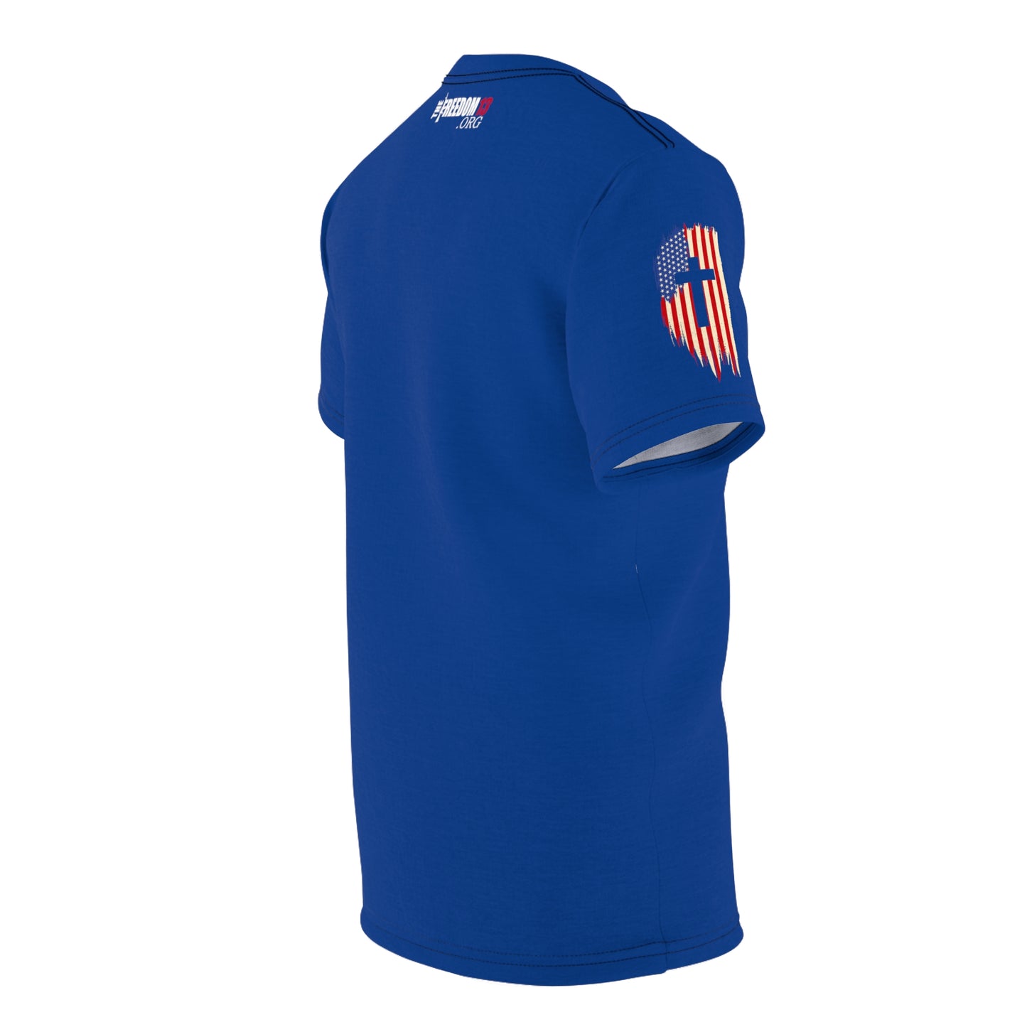 Unisex Cut & Sew Tee (AOP) F13 w flag and rifles on blue