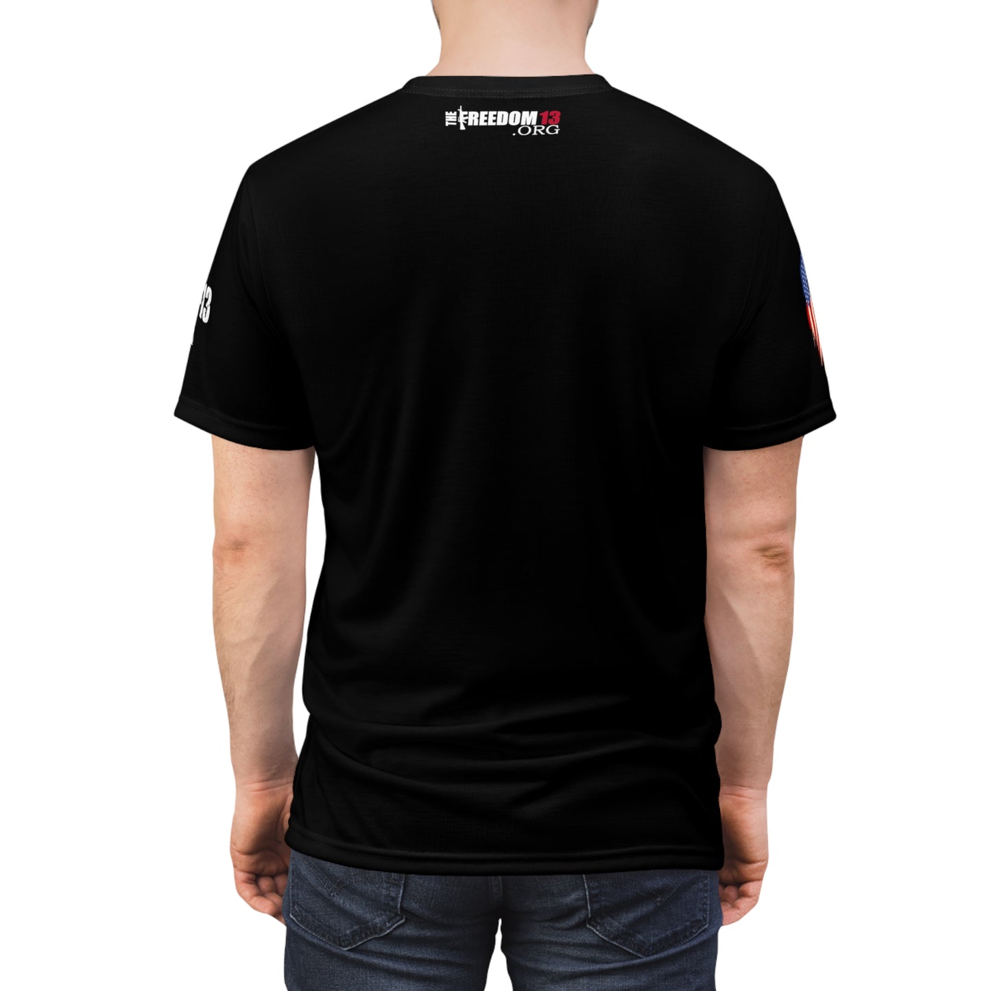 Unisex Cut & Sew Tee (AOP) F13 w flag and rifles on black