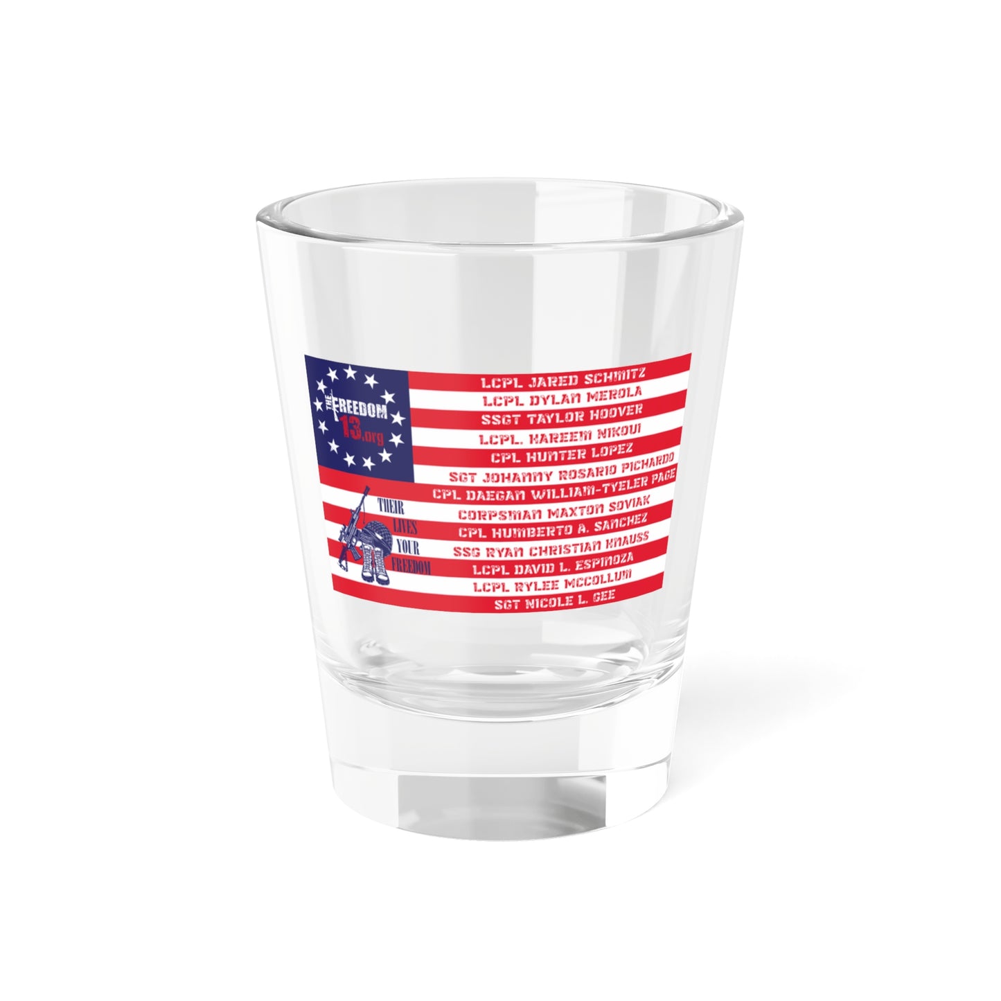 Shot Glass, 1.5oz 13 Heroes Flag w website
