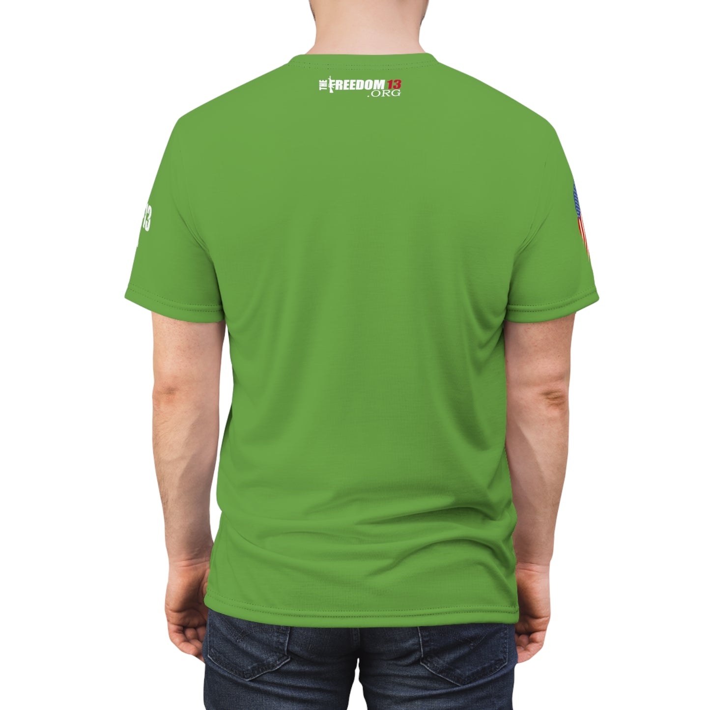 Unisex Cut & Sew Tee (AOP) F13 w flag and rifles on green