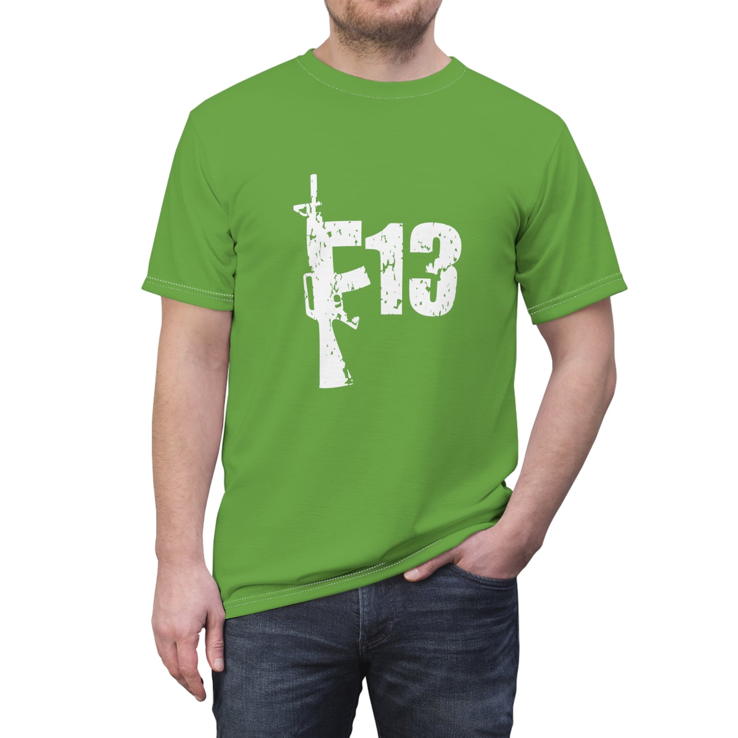 Unisex Cut & Sew Tee (AOP) F13 w flag and rifles on green