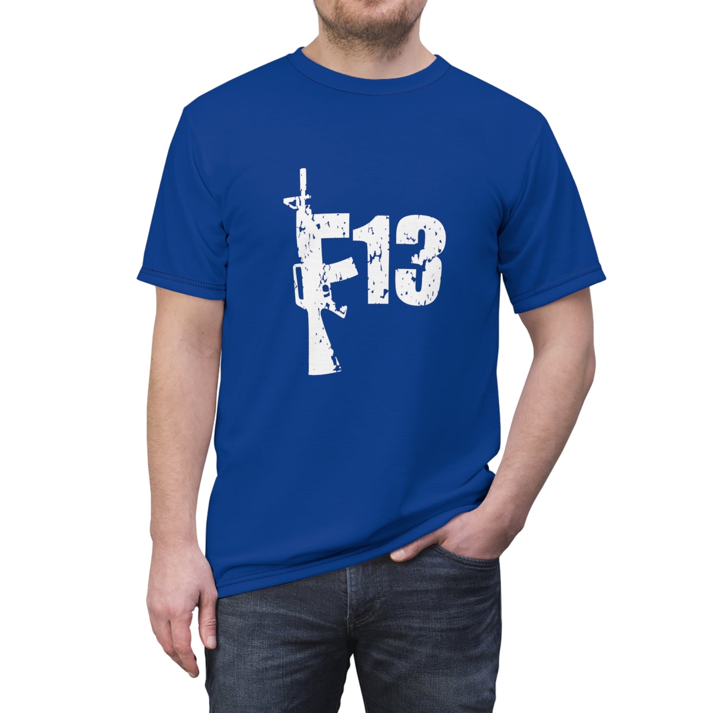 Unisex Cut & Sew Tee (AOP) F13 w flag and rifles on blue