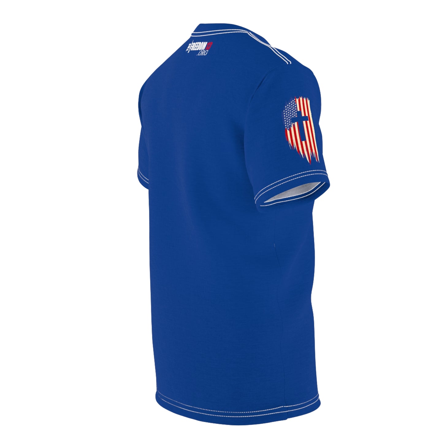 Unisex Cut & Sew Tee (AOP) F13 w flag and rifles on blue
