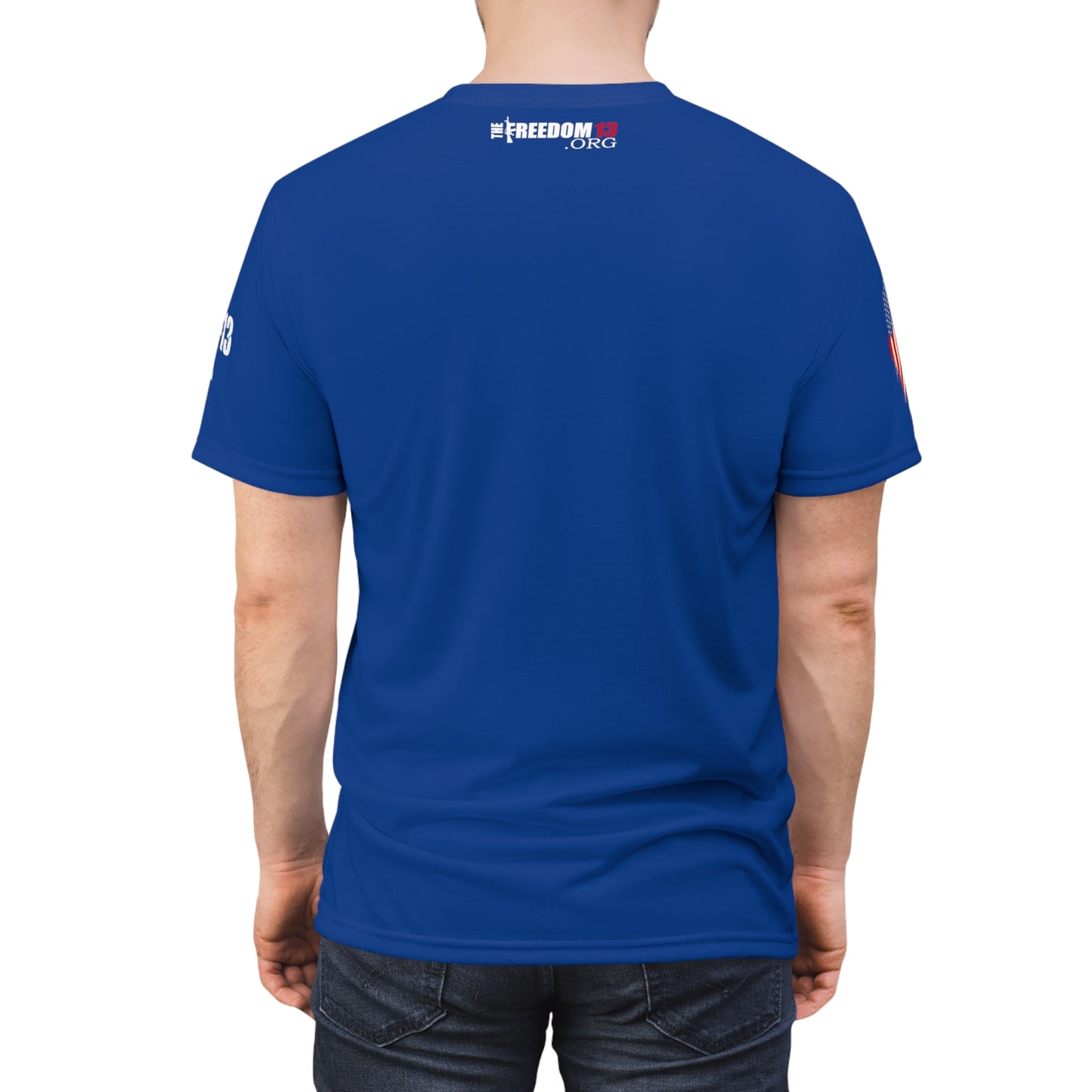 Unisex Cut & Sew Tee (AOP) F13 w flag and rifles on blue