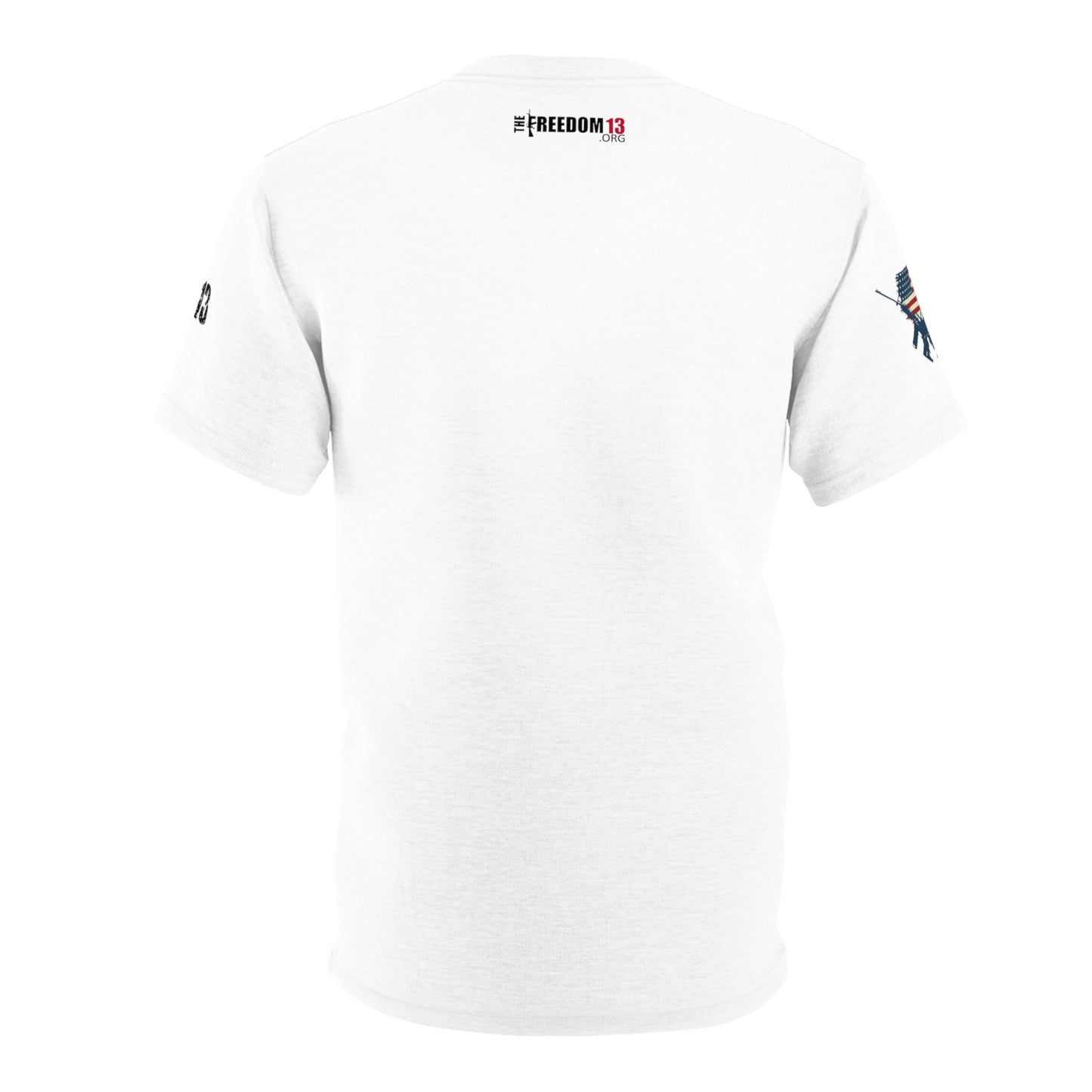 Unisex Cut & Sew Tee (AOP) F13 w flag and rifles on white