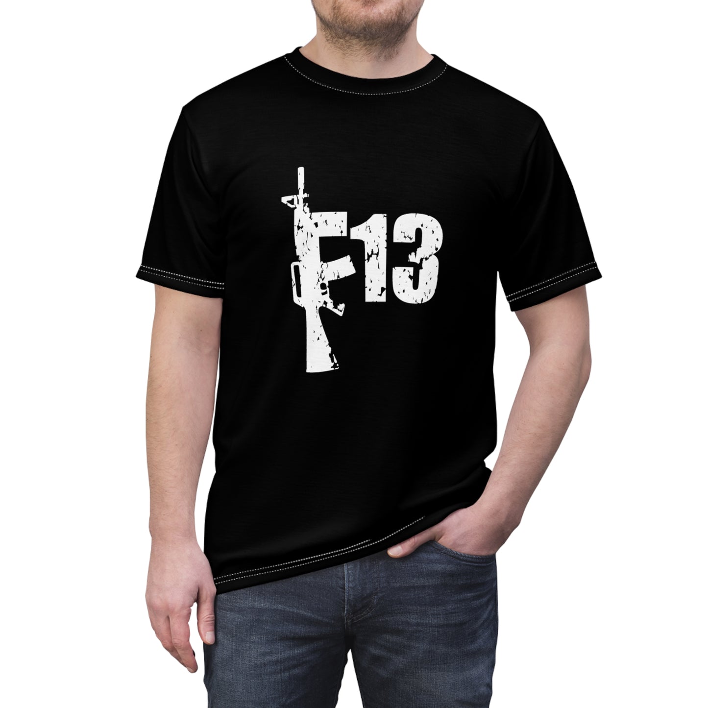 Unisex Cut & Sew Tee (AOP) F13 w flag and rifles on black