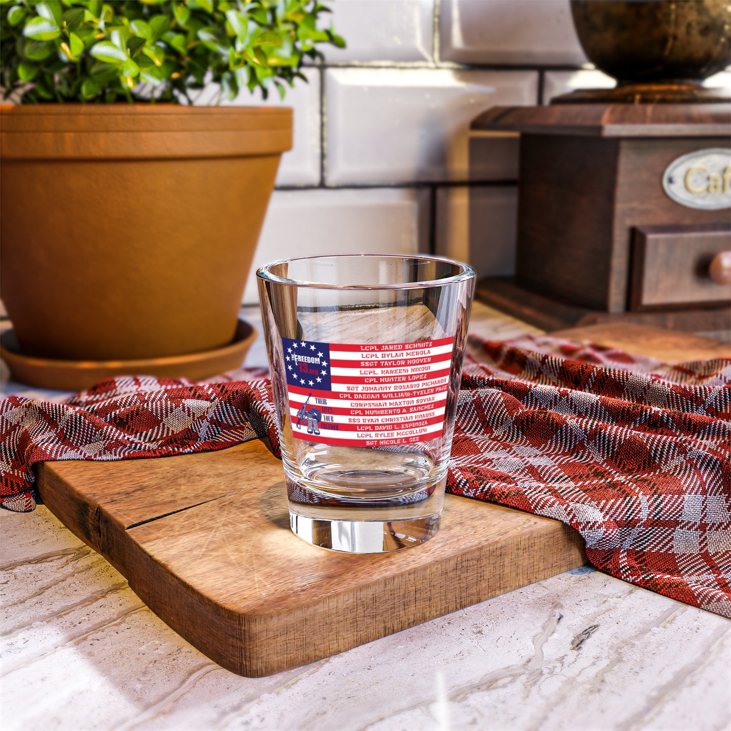 Shot Glass, 1.5oz 13 Heroes Flag w website