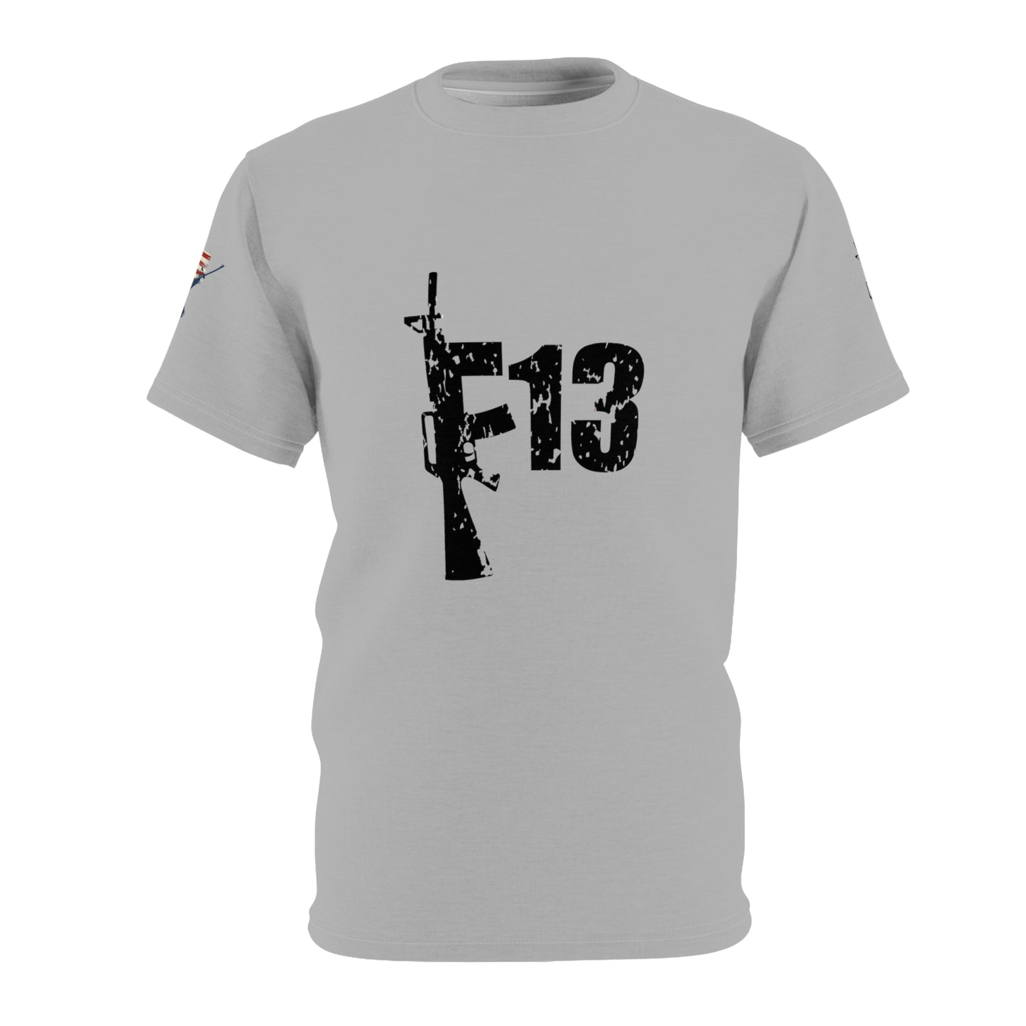 Unisex Cut & Sew Tee (AOP) F13 w flag and rifles on grey