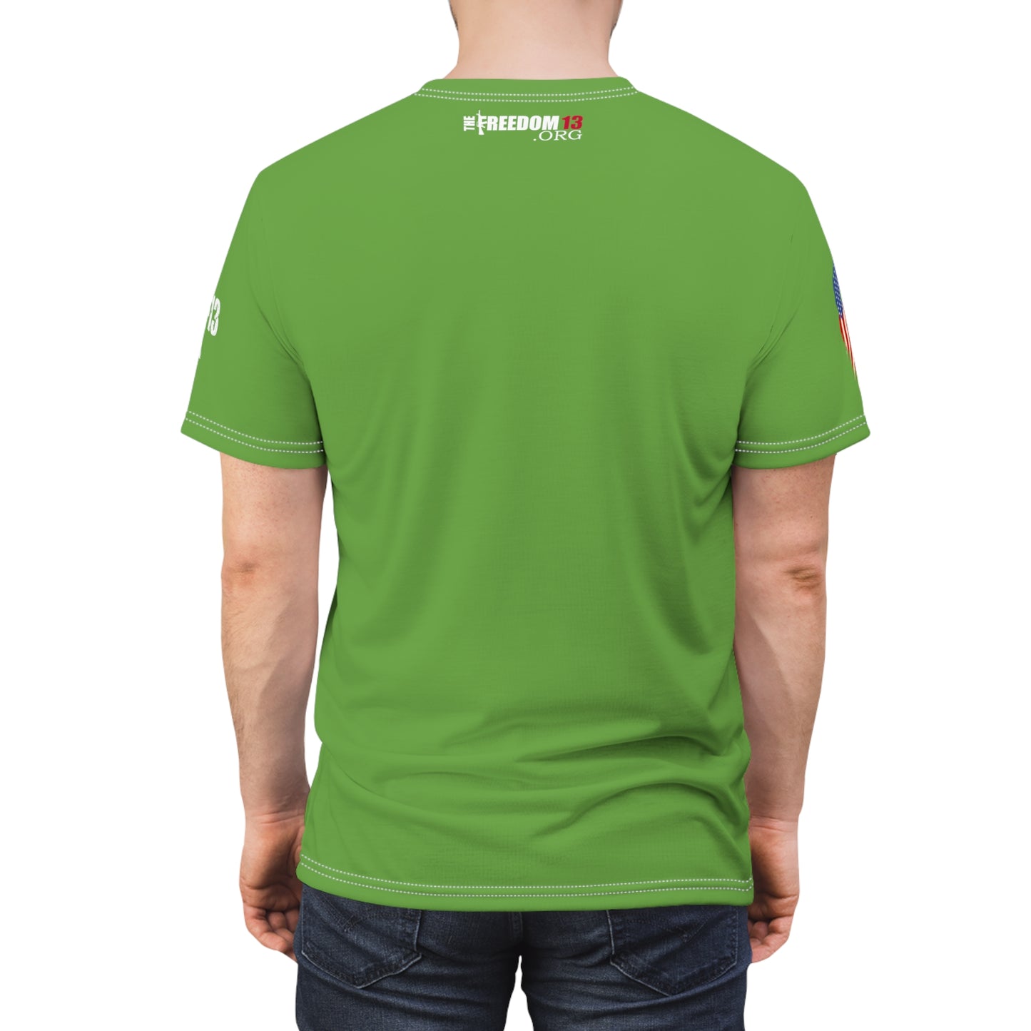 Unisex Cut & Sew Tee (AOP) F13 w flag and rifles on green