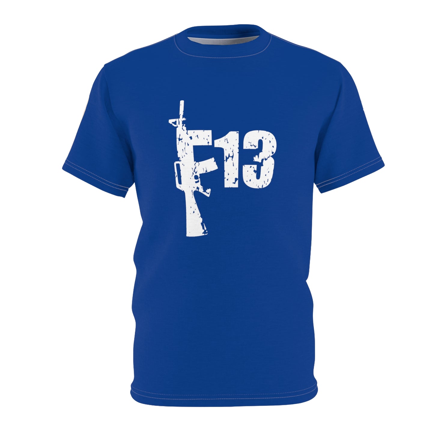 Unisex Cut & Sew Tee (AOP) F13 w flag and rifles on blue