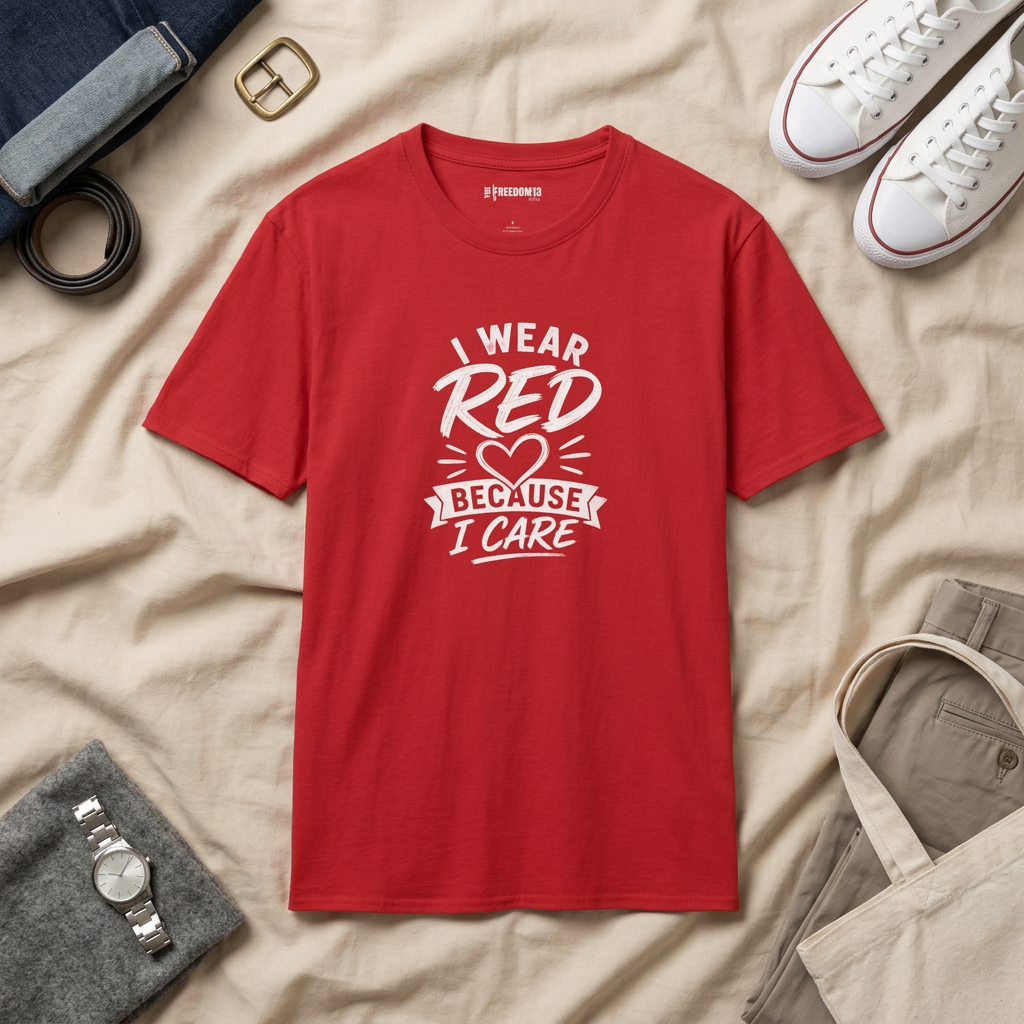 T-Shirt — "I Wear Red Because I Care" Heart Graphic (Awareness, Support & Fundraiser Tee)