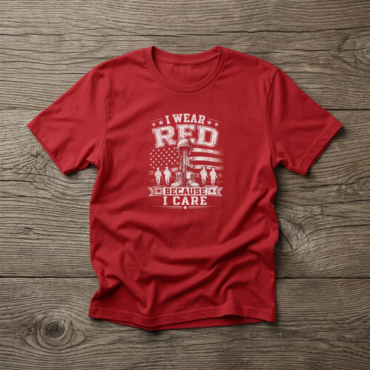 T-Shirt — "I Wear Red Because I Care" Military Themed (Awareness, Support & Fundraiser Tee)