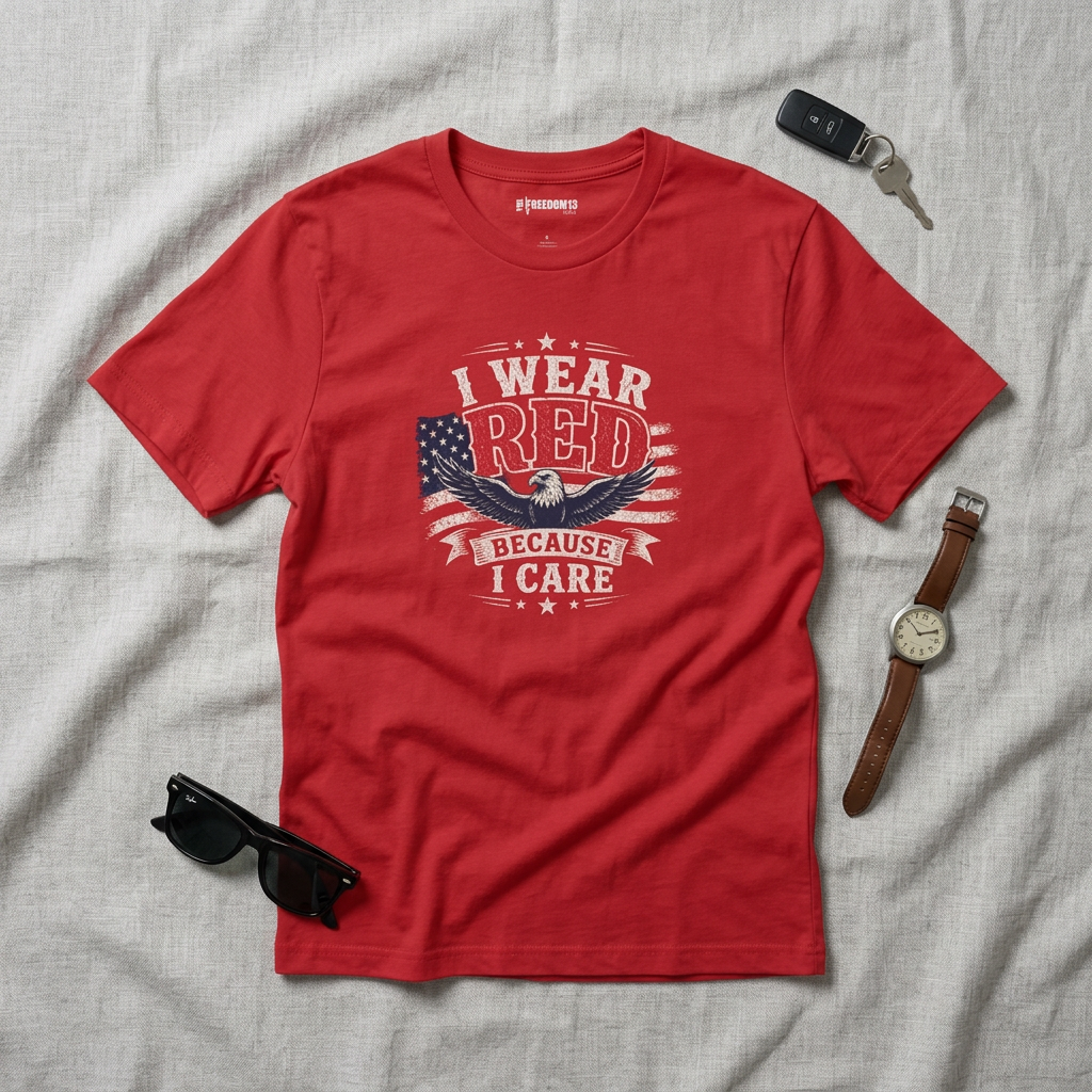T-Shirt — "I Wear Red Because I Care" Patriotic Graphic (Awareness, Support & Fundraiser Tee)