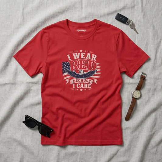 T-Shirt — "I Wear Red Because I Care" Patriotic Graphic (Awareness, Support & Fundraiser Tee)