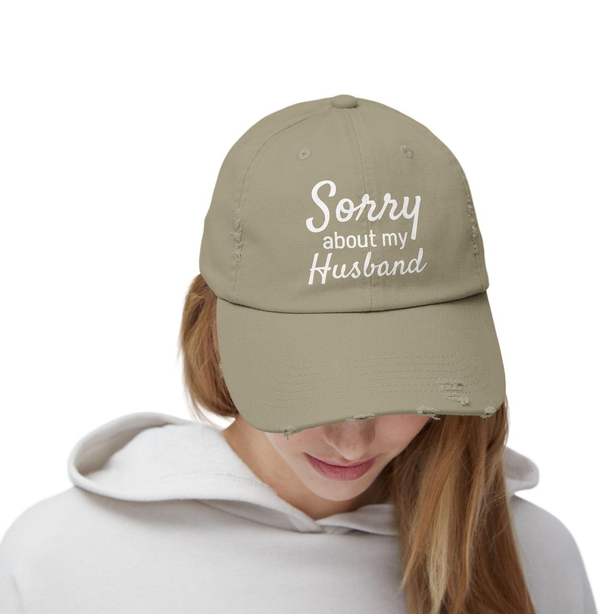 Unisex Distressed Cap With 'Sorry About My Husband' Quote, Casual Hat for Moms, Funny Gift, Everyday Wear, Birthday, Humor