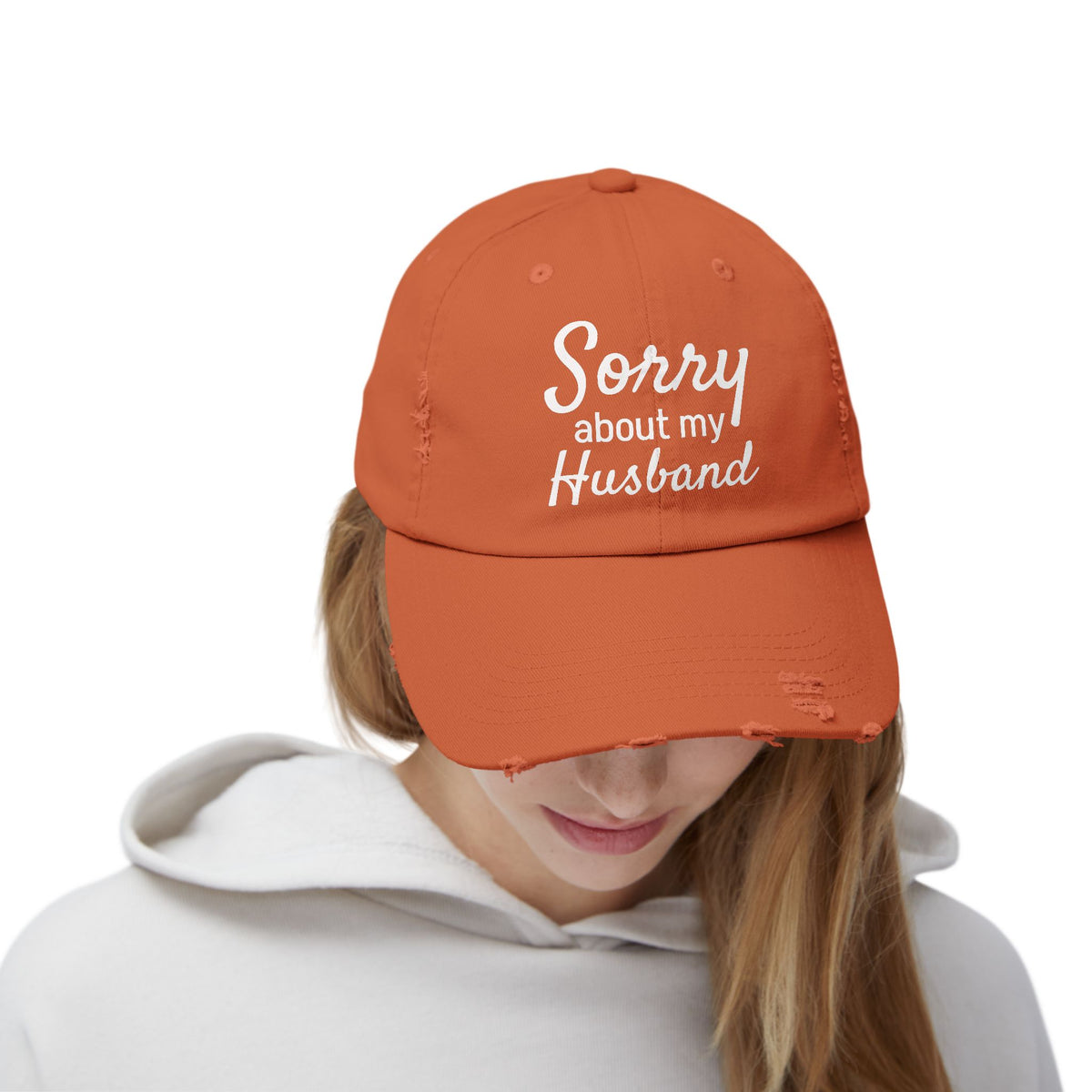 Unisex Distressed Cap With 'Sorry About My Husband' Quote, Casual Hat for Moms, Funny Gift, Everyday Wear, Birthday, Humor